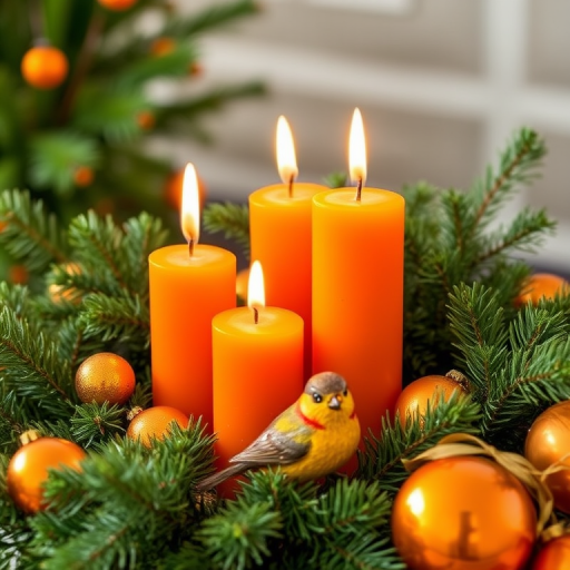 Create a cozy holiday scene featuring three lit orange candles surrounded by lush greenery. Include decorative elements like shiny orange ornaments and a small, colorful bird nestled among the foliage. Emphasize warmth and festivity in the arrangement.