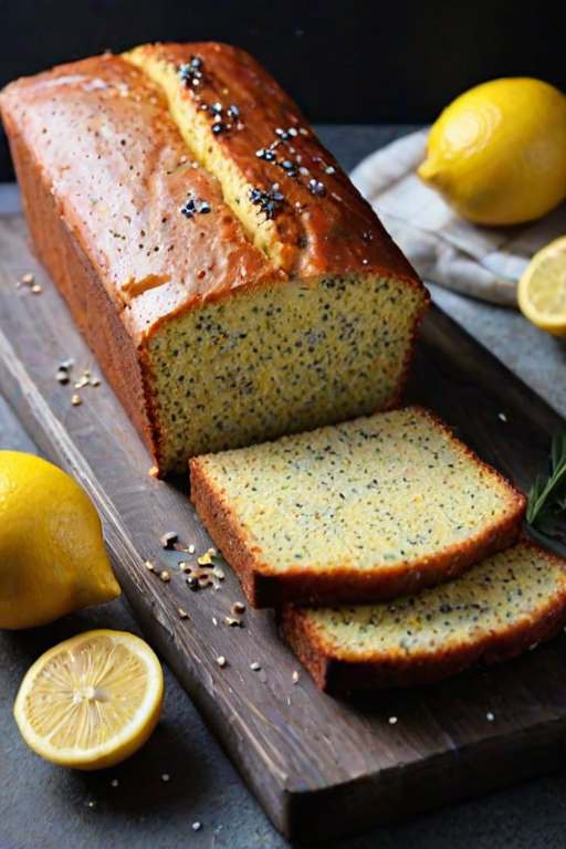 Create a vibrant and inviting image of a freshly baked lemon poppy seed loaf cake. The cake should be topped with a glossy lemon glaze and adorned with thin slices of lemon and a sprinkle of poppy seeds. Display the loaf on a dark, textured surface, with a few lemon wedges and zest scattered around for added color and detail. The overall atmosphere should be warm and appetizing, evoking a sense of homemade goodness.