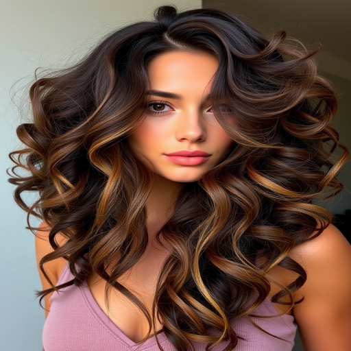 Stunning model with a luxurious chocolate brown mane styled in voluminous, bouncy curls, featuring subtle caramel ombré and long, wispy layers