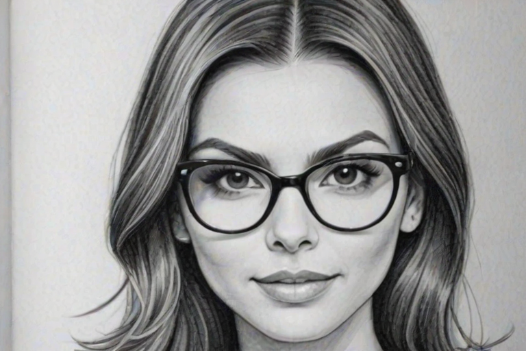 Dazzling Victoria Justice, pencil sketch, portrait of Resplendent woman 1957s in glasses, hair style beatnik, outline, clear lines, fine lines, 8k
