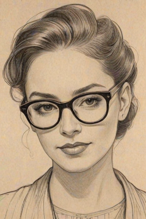 Radiant Mariana Trevino, pencil sketch, portrait of Radiant woman 1922s in glasses, hair style beatnik, outline, clear lines, fine lines, 8k