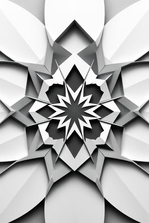 Generate an abstract geometric design featuring interlocking shapes with a monochromatic color palette, captured with a DSLR camera at f/2.8, ISO 100, 1/200 sec, top-down view, using a wide-angle lens to enhance depth and detail.