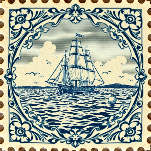 Generate a high-resolution image of a vintage stamp featuring a sailing ship on water, with intricate floral designs around the edges, captured in sharp detail using a DSLR camera at f/8 aperture, ISO 100, 50mm lens, top-down view, natural lighting.