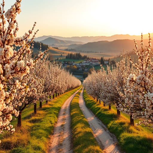 generate a vibrant watercolor landscape featuring a winding dirt path through blooming orchards leading to a quaint village amidst rolling hills, captured with a Canon EOS R5, 35mm lens, f/2.8 aperture, ISO 100, at golden hour lighting for enhanced warmth and depth.
