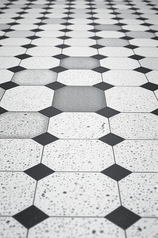 a textured black and white checkered floor with a smooth finish, low angle view, 35mm lens, f/8 aperture, ISO 100, soft diffuse lighting