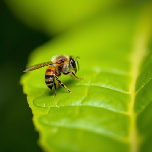 macro shot of a bee on a green leaf with sharp focus and a soft blurred background, aperture f/2.8, shutter speed 1/200s, ISO 100, 100mm macro lens, natural lighting