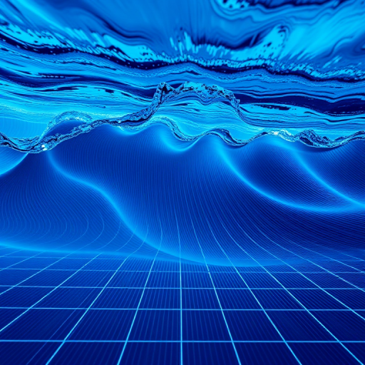 create a high-resolution abstract image of a blue wave pattern with lines and grid formation, use a Canon EOS R5 camera, aperture f/8, shutter speed 1/250s, ISO 100, shot from a wide-angle view with a studio lighting setup