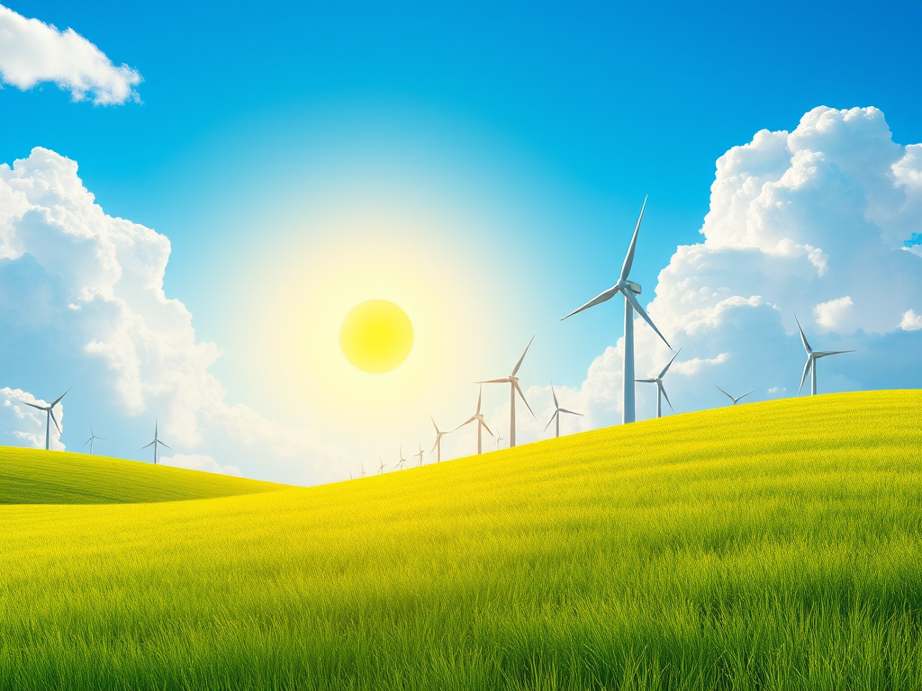 Create an illustration of a vibrant blue sky with fluffy white clouds and a bright yellow sun, featuring multiple white wind turbines on a green grass field, DSLR camera, 35mm lens, f/8 aperture, ISO 100, natural lighting.