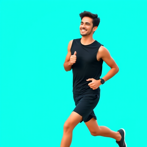 generate an image of a young man jogging with a cheerful expression, wearing a sleeveless black top and shorts, a bright turquoise background, use a Canon EOS R5 with 50mm f/1.8 lens, aperture set to f/4, shutter speed 1/250, ISO 100, with a soft focus effect for added depth.