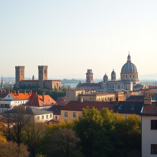 regenerate a panoramic view of the historic skyline featuring medieval towers and domed buildings under soft morning light, using a DSLR camera with a 50mm lens, aperture set to f/8 for enhanced depth of field, ISO 100 for low grain, and a focal length of 35mm for a wider perspective.