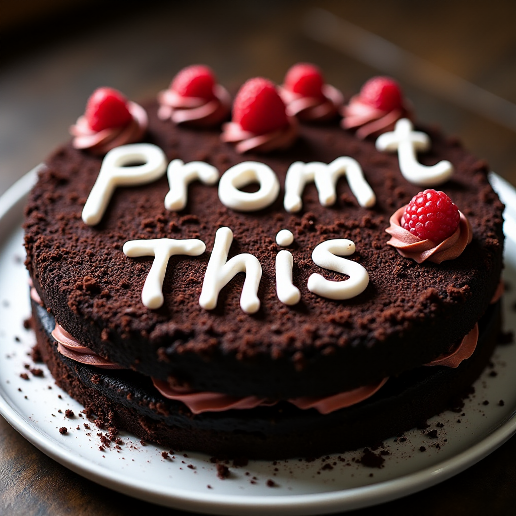 black forest gateau cake, spelling out the words "PROMPT THIS", tasty, food photography, dynamic shot