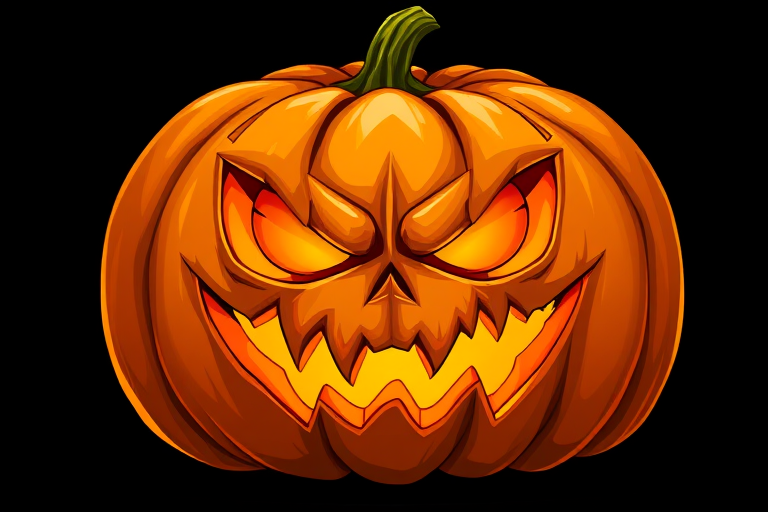 Create a high-resolution illustration of a menacing carved pumpkin with exaggerated facial features, vibrant orange and yellow colors, set against a dark background, captured with a DSLR camera at f/2.8 aperture, 50mm lens, and ISO 100 to enhance sharpness and detail.