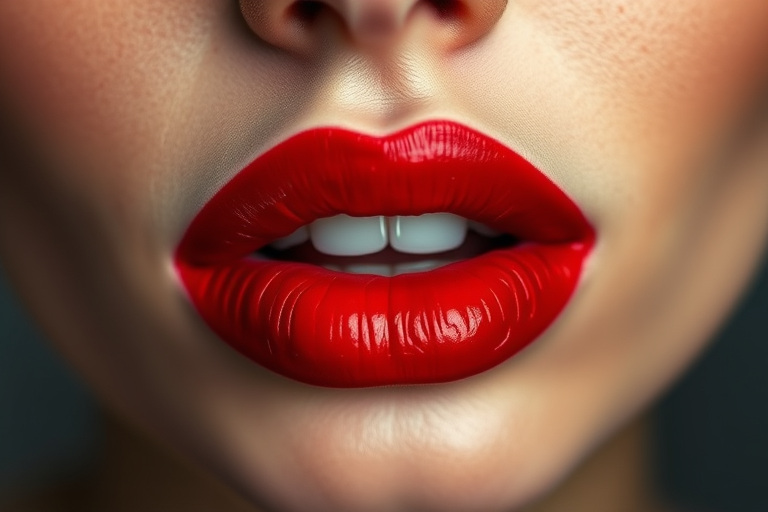 Sultry ombre lips transition from deep crimson to bright scarlet, creating a gradient effect that adds depth and dimension to the mouth