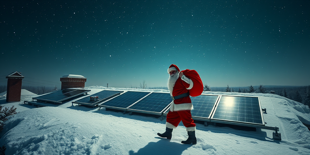 Create a festive scene of Santa Claus on a snowy rooftop with solar panels, carrying a red sack of gifts under a starry night sky, captured with a DSLR camera at f/4, ISO 100, 1/60s, in a wide-angle view to enhance depth and detail.