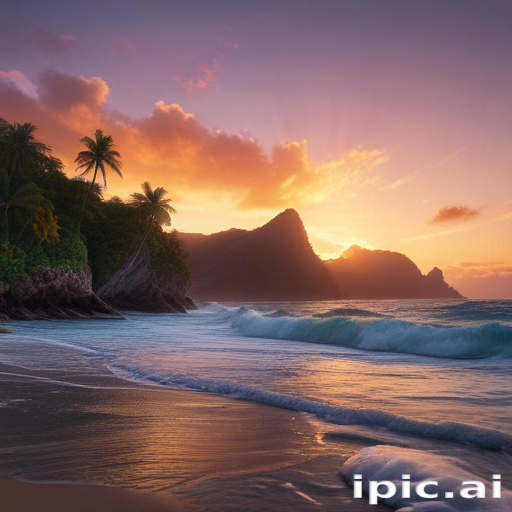 Serene Sunset Over Tropical Beach with Lush Mountains and Palm Trees