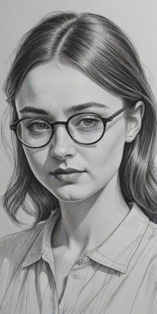 Splendid Jessica Barden, pencil sketch, portrait of Magnificent woman 1943s in glasses, hair style beatnik, outline, clear lines, fine lines, 8k