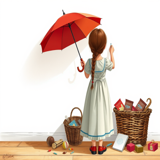 Create an illustration of a young girl with braided hair wearing a vintage dress, standing with her back to the viewer as she draws on a blank wall, surrounded by a red umbrella, a wicker basket filled with chocolate boxes, and playful clutter on the floor, captured with a DSLR camera at f/2.8, ISO 200, 50mm lens, in natural lighting for softness and depth, emphasizing a nostalgic and whimsical atmosphere.