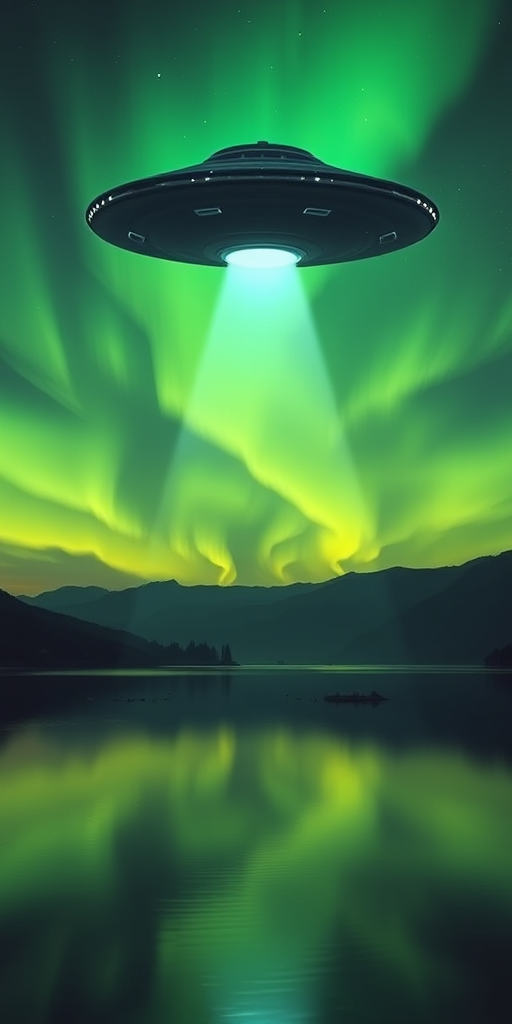A surreal landscape featuring a large UFO hovering over a calm lake under a mystical green sky, with reflections in the water, captured at dusk using a DSLR camera with a 24mm lens, f/2.8 aperture, ISO 400, and a long exposure of 10 seconds to enhance light capture and detail.