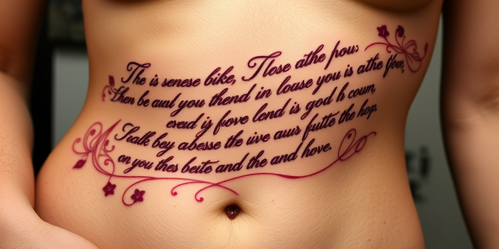 Elegant script body tattoo of meaningful quotes flowing along the ribcage, written in beautiful calligraphy with flourishes and embellishments in deep burgundy ink