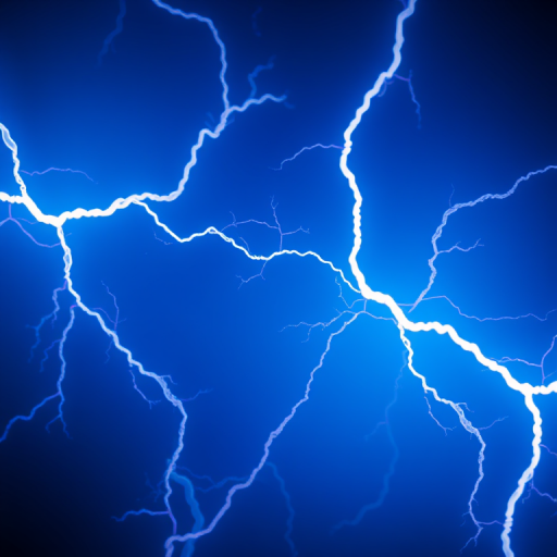 Create an image of a dynamic electric lightning pattern with a vivid blue background, shot with a DSLR camera at 1/100s shutter speed, f/8 aperture, ISO 100, in a macro view to enhance details, using a high dynamic range style.