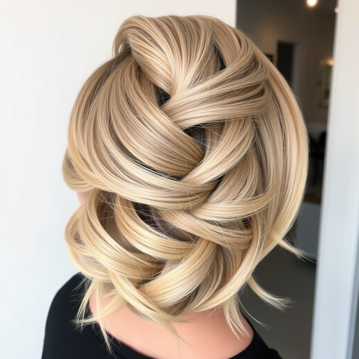 Elegant ash blonde French twist with a modern twist, featuring a honeycomb-inspired texture and subtle golden highlights named "Beehive Royale" radiating sophistication