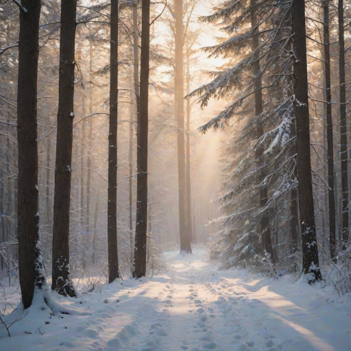 capture a serene winter forest landscape with mist rolling over snow-covered trees using a Canon EOS 5D Mark IV, 50mm lens, aperture f/8, ISO 100, shutter speed 1/200s, golden hour soft light, shallow depth of field for atmospheric effect
