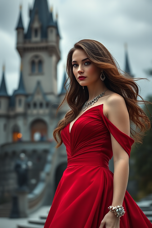 portrait of an elegant woman in a red gown with flowing hair and stunning jewelry, set against a mystical castle background, using a Canon EOS R5, 85mm lens, f/1.8 aperture, ISO 100, shallow depth of field, soft lighting, cinematic style