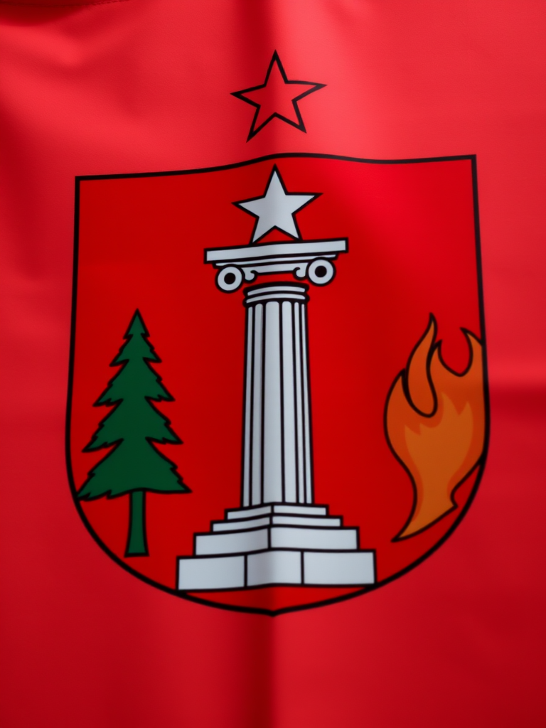 Create an image of a coat of arms featuring a central pillar topped with a star, a red background, surrounded by decorative elements like green trees on the left and flames on the right, shot with a DSLR camera at f/8, 1/125 sec, ISO 100, in daylight, with a slight vignette to enhance detail and contrast.