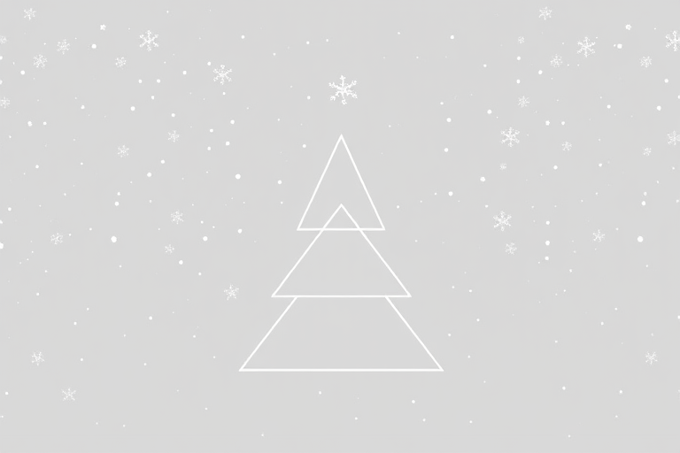 Create a minimalistic Christmas tree illustration with a three-tiered geometric design, set against a soft gray background with falling snowflakes, using a Canon EOS R5, 50mm f/1.2 lens, aperture at f/2.8, ISO 100, shot from a slightly elevated angle for a captivating view.