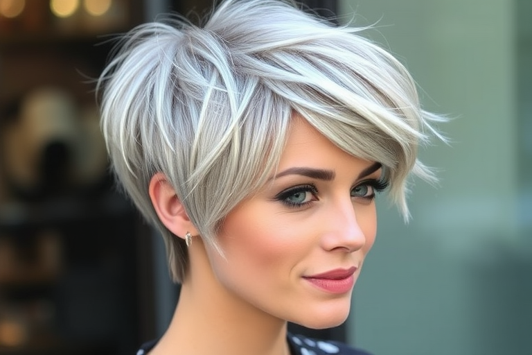 Chic silver-gray pixie with textured layers, styled in a tousled manner to create movement and dimension, exuding confidence and sophistication