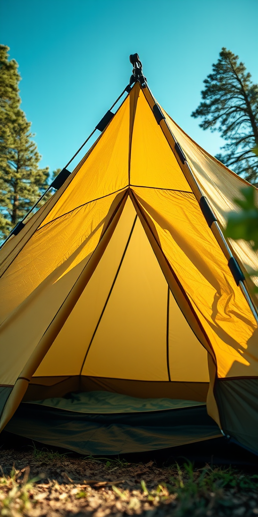 Regenerate the image of a camping tent with a detailed texture and shading, using a DSLR camera with a 50mm lens, f/2.8 aperture, ISO 200, shooting from a low angle to emphasize the tent's height and structure, in natural light for enhanced color vibrancy.