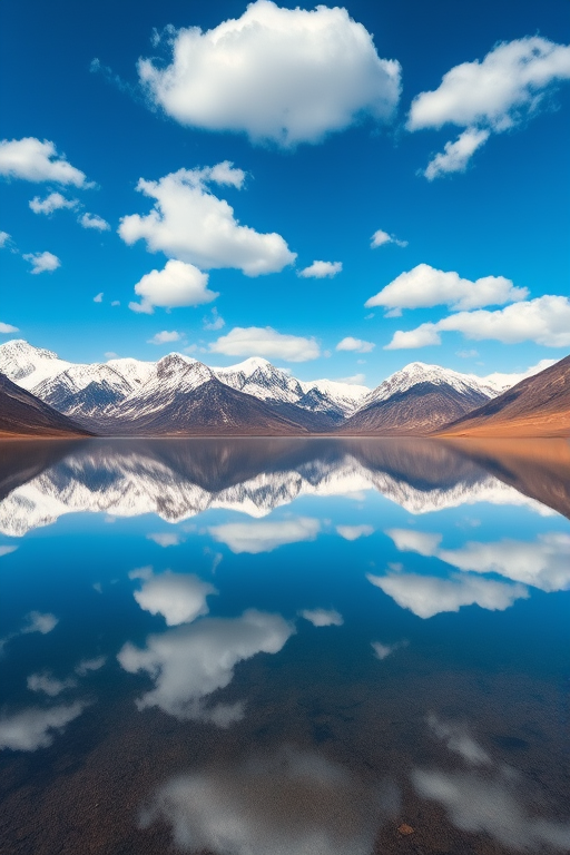 Capture a breathtaking landscape of snow-capped mountains reflecting in a calm lake with vibrant blue skies and scattered clouds, using a DSLR camera, wide-angle lens, f/11 aperture, ISO 100, 1/125 sec exposure, shot from a low vantage point to enhance the foreground.