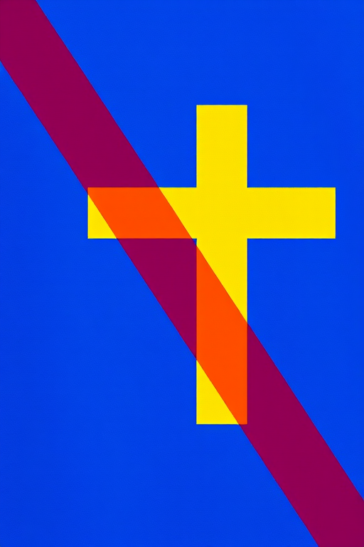 Create a high-resolution image of a flag with a blue background, a yellow cross, and a red cross overlaid, shot with a DSLR camera at f/8 aperture, ISO 100, 24mm focal length, in natural light with a slight vignette effect.