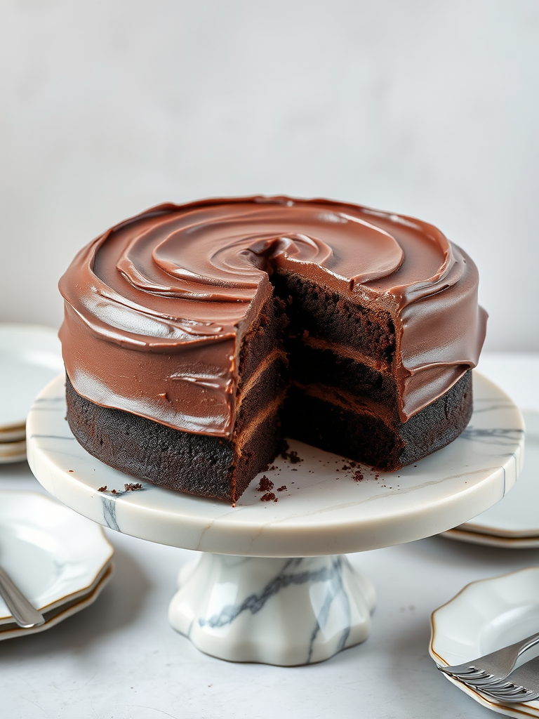 A delicious chocolate cake with smooth chocolate frosting on a marble cake stand, showing a slice cut out revealing its moist texture, surrounded by elegant plates and a soft blurred background.