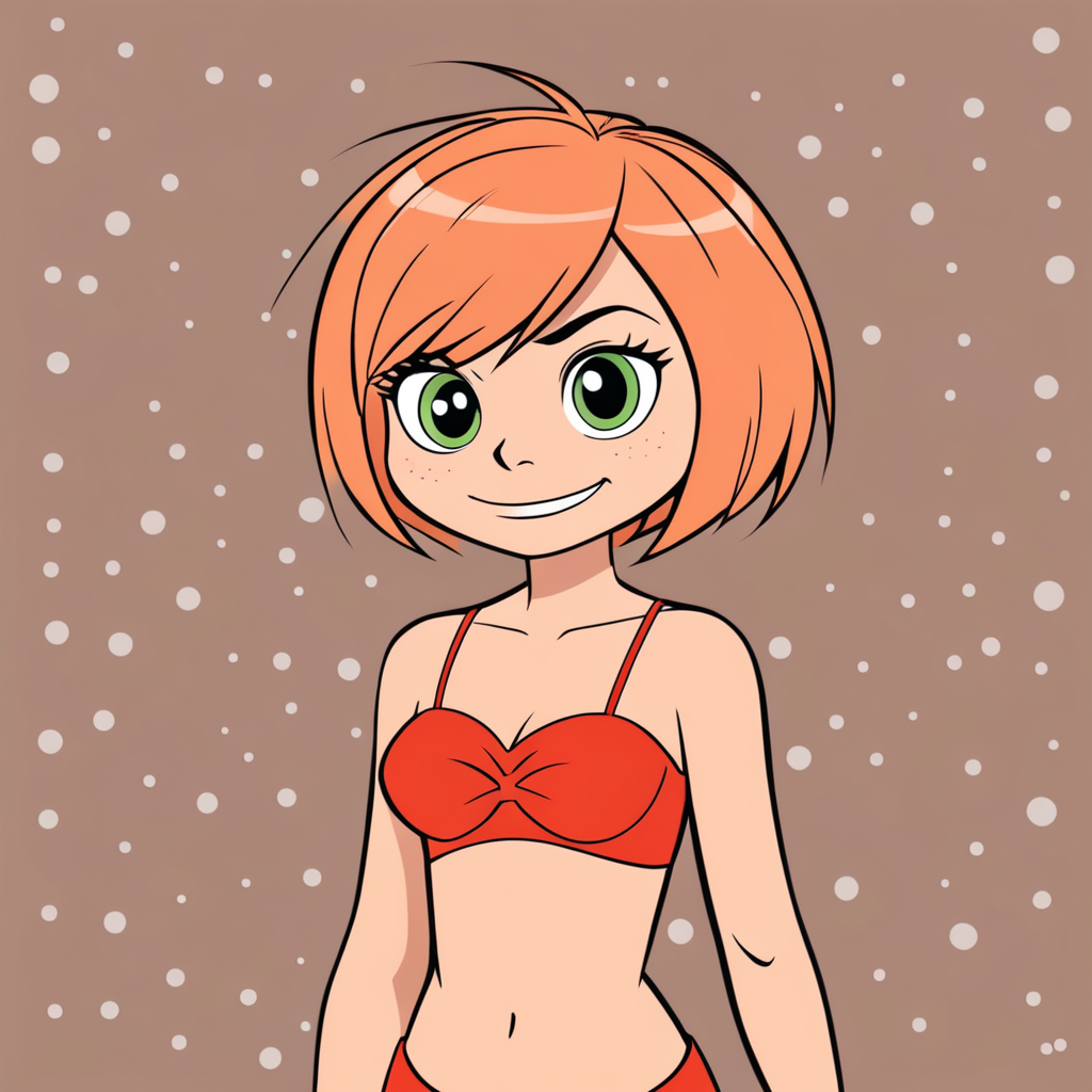 Free Ai Image Generator - High Quality and 100% Unique Images - iPic.Ai —  kid Frankie Foster from the cartoon Foster home for imaginary friends  dressed in transparent tiny strapless red bra.