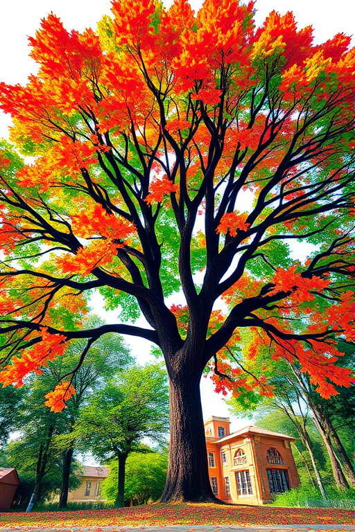 create a vibrant and colorful tree illustration with a geometric style, using a wide-angle lens at f/8, ISO 200, and a resolution of 300 DPI for enhanced clarity and detail, shot from a low angle to emphasize the height and density of the foliage.