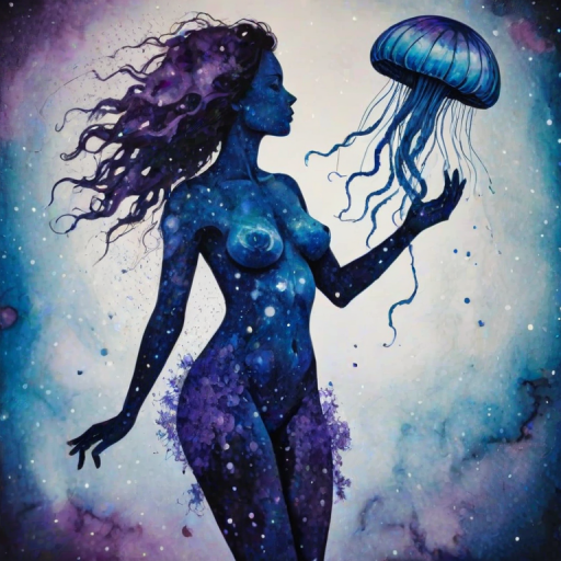 Captivating conceptual render alcohol ink art, double exposure, the paint strokes artfully merge combining a woman's full silhouette with a Jolly jellyfish's silhouette. The figures are composed of a series of colored dots, lines & spots that evoke the image of a cosmic galaxy, colors are deep shades of blue purple & black with flashes of white & silver representing distant stars. The woman's silhouette is formed within the lion's silhouette from constellations of scattered stars, surreal