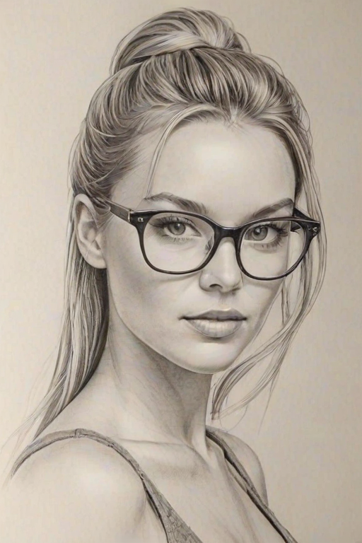 Graceful Camille Kostek, pencil sketch, portrait of Sublime woman 1967s in glasses, hair style beatnik, outline, clear lines, fine lines, 8k