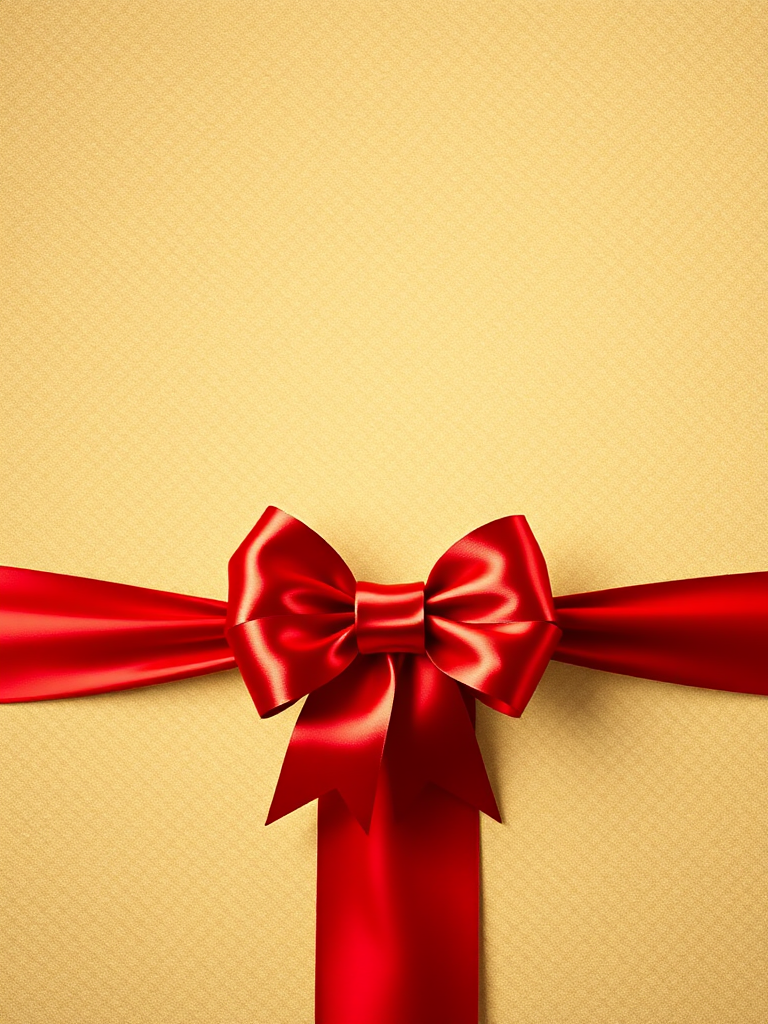 Create an image of a luxurious gold and red ribbon background with a prominent shiny red bow at the center, using a DSLR camera with a 50mm lens, aperture f/2.8, ISO 100, shot in a soft diffused lighting environment for enhanced texture and depth.
