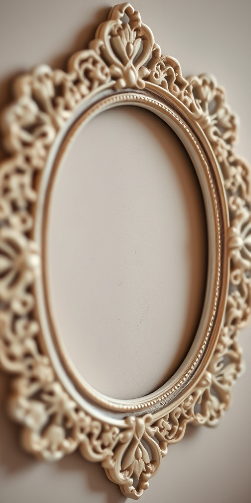 Generate a high-resolution image of a decorative frame resembling handmade lace, using a Canon EOS R5 with a 50mm f/1.2 lens, aperture set to f/2.8, ISO 100, and a shallow depth of field to enhance texture and detail.