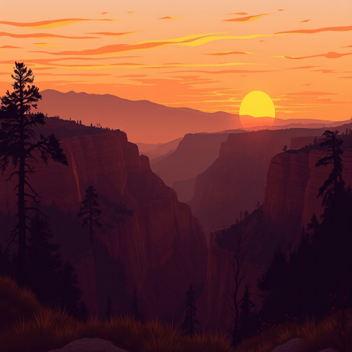 Create a serene landscape illustration of a canyon at sunset with layered silhouettes of mountains and trees in warm earth tones, using a DSLR camera with a focal length of 50mm, aperture set to f/8, ISO 100, and a wide-angle view to capture depth in the foreground.