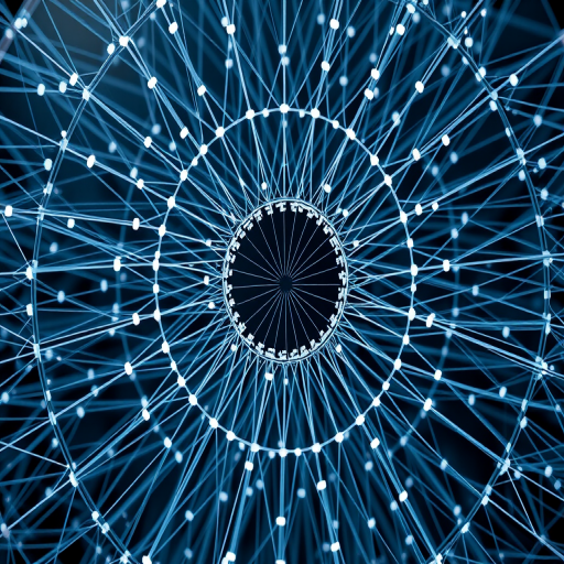 Create a high-resolution abstract visualization of interconnected lines and nodes forming a circular pattern, captured with a DSLR camera at f/8 aperture, ISO 100, 50mm lens, and a shallow depth of field to enhance focus on the center, shot from a top-down aerial view.