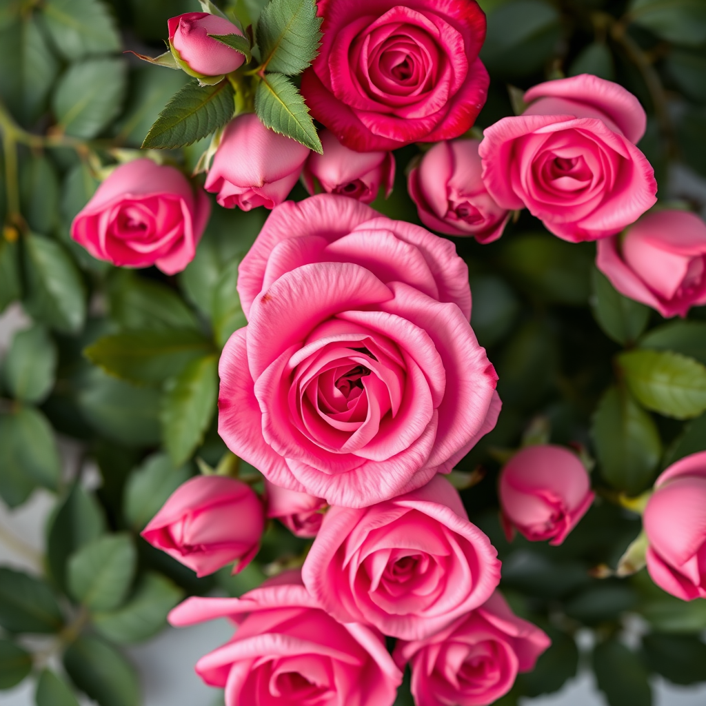 Generate a high-quality illustration of a grid of nine pink roses, using a Canon EOS R5 with a 50mm f/1.2 lens, aperture set at f/2.8, ISO 100, and soft lighting to enhance color vibrancy and detail, featuring an overhead view.