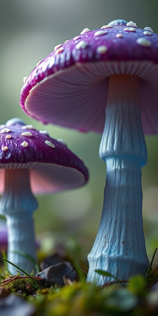 create a high-resolution digital illustration of three mystical mushrooms with purple caps and glowing blue gills, macro view, soft focus background, 50mm lens, f/2.8 aperture, ISO 100, natural lighting