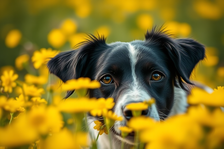 Capture a close-up shot of a black and white dog peeking through vibrant yellow flower field, using a DSLR camera with 50mm lens, aperture f/2.8, shutter speed 1/500s, ISO 200, natural lighting, shallow depth of field, and focus on the dog for enhanced detail and softness in the background.