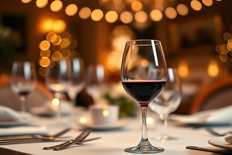 a beautifully set dining table with an elegant wine glass filled with red wine in the foreground, soft bokeh lights in the background, warm and cozy atmosphere, f/2.8 aperture, 50mm lens, ISO 200, natural light, DSLR camera, shallow depth of field