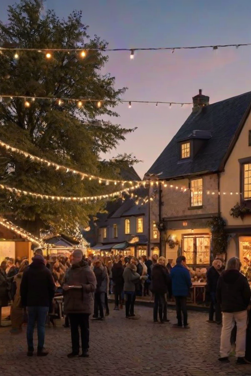 Charming village square adorned with fairy lights, people enjoying a community event, musicians playing live, and the smell of delicious food wafting through the air, creating a festive atmosphere.