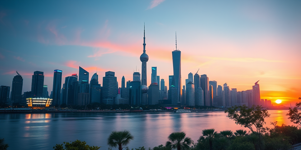 Futuristic city skyline at sunset with neon colors, high contrast, vibrant reflections, trees in foreground, cinematic view, low angle, 35mm lens, f/2.8 aperture, ISO 100, long exposure for smooth water effect.