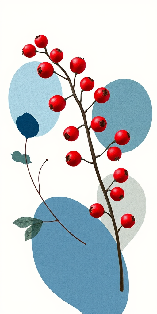 create a botanical illustration of a stylized branch with red berries, surrounded by abstract shapes in blue and gray hues, using a DSLR camera with a 50mm lens, aperture f/2.8, ISO 100, shot in natural light, focus on depth of field and vibrant color contrast.