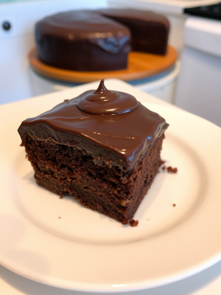 A richly frosted chocolate cake slice on a white plate with a glossy chocolate icing on top, surrounded by a light kitchen setting.